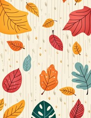 Colorful autumn leaves falling against a light wooden background, perfect for seasonal themes and nature-inspired designs.