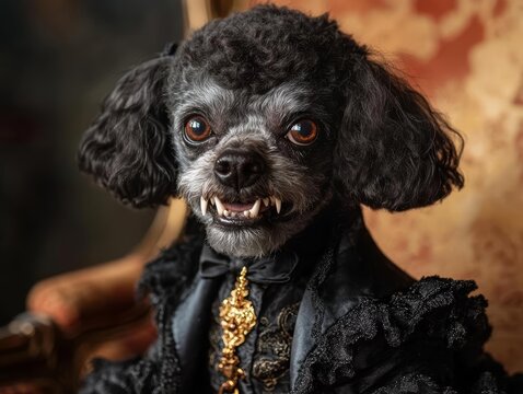 Poodle in a glamorous vampire outfit with fangs, vampire dog, elegant Halloween pet