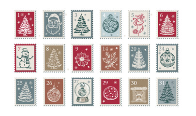 Christmas Stamps, mail, Advent calendar, postcard hand drawn illustrations.	
