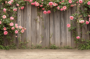 Naklejka premium Rustic wooden fence with climbing roses and a quaint countryside feel