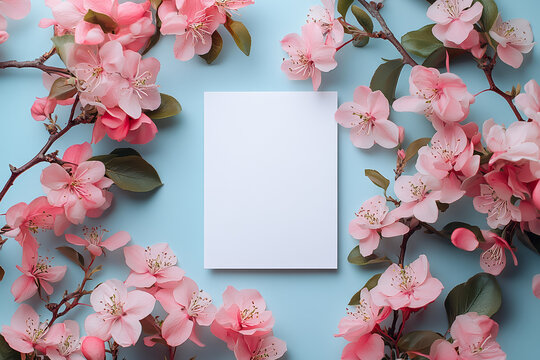 Pink blossom paper mockup, Floral greeting card with pink blossom, floral greeting card on blue background, floral greeting card for wedding and spring event