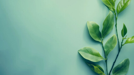 Fresh green leaves displayed on soft blue background for sustainability messaging campaign