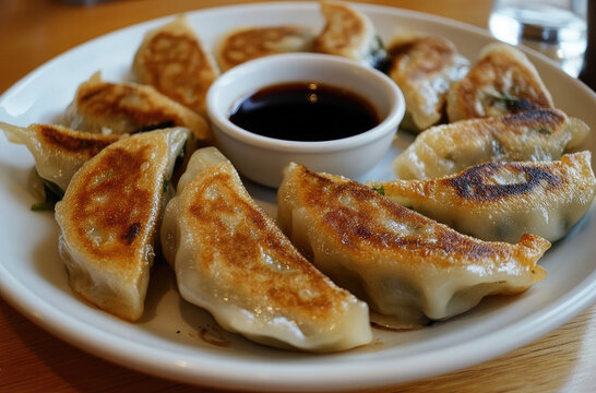 A plate of Korean mandu pan-fried dumplings filled with savory ingredients
