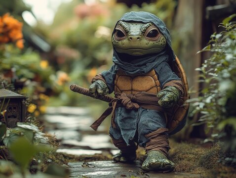 Turtle in a ninja costume crawling through a haunted garden, ninja turtle, creative Halloween animal