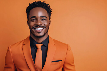 Obraz premium man in an orange suit and tie is smiling and looking at the camera. The orange background adds a pop of color to the scene, making it feel cheerful and lively