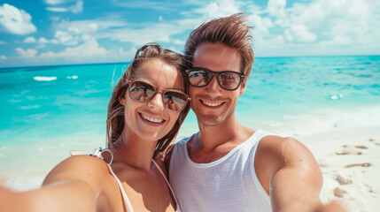Obraz premium Happy couple enjoying a blissful day at the ocean while taking a fun selfie