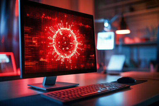 Computer screen displaying a red virus symbol in a dark office environment, representing cyber threat, malware, and digital security