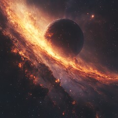 Fototapeta premium A giant planet on a curved trajectory through the Milky Way, surrounded by vibrant star clusters Giant Trajectory Milky Way, cosmic journey