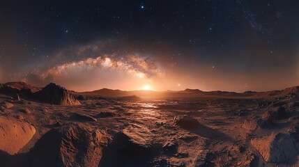 Fototapeta premium A panoramic view of Mars under a starry galaxy, cosmic dust visible in the Martian sky Mars Stars Galaxy, interstellar panorama