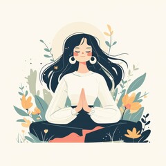 Cartoon illustration of a woman meditating with hands in prayer position, surrounded by nature elements, embodying peace and calm.