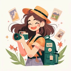 Cartoon illustration of a smiling female traveler holding a camera with a backpack and travel accessories, surrounded by photos and flowers.