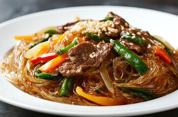 A savory plate of Korean japchae stir-fried glass noodles with vegetables and beef