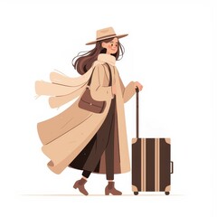 Cartoon illustration of a stylish female traveler in a long coat and hat, walking confidently with rolling luggage, scarf flowing in the wind.