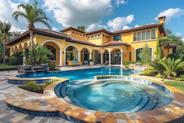 Professional photo of a high-end pool and hot tub in the backyard on Stscopes Island, Florida, featuring a yellow house, blue tile, surrounding plants, a blue sky, palm trees, stone patio, 