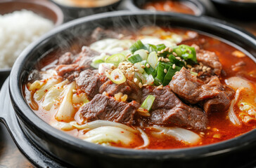 A steaming plate of Korean haejangguk hangover soup with rich and hearty broth