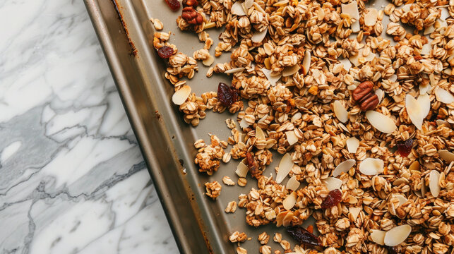 Homemade granola clusters being baked on a sheet pan in a cozy kitchen - Powered by Adobe
