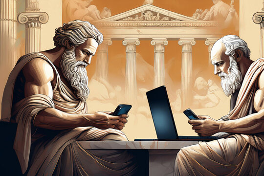 original ilustracion de filosofos de Atenas que usan computadoras, tables y celulares,  clasico y moderno, antiguedad versus modernidad, conocimiento e historia, pasado y presente