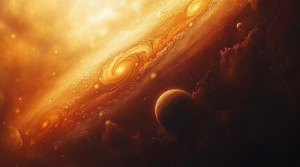 Obraz premium Jupiter s swirling clouds with its moons in perfect orbit, astronomical precision Jupiter Orbit Astronomy, celestial alignment