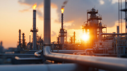 Obraz premium A panoramic view of an oil refinery at sunlight, showcasing extensive equipment and tanks, high resolution, high-quality textures, high-details, high definition,