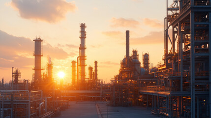 Obraz premium A panoramic view of an oil refinery at sunlight, showcasing extensive equipment and tanks, high resolution, high-quality textures, high-details, high definition,