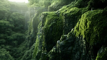 steep rocks on a cliff covered in green moss