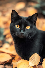 Close-up of a black cat with bright yellow eyes lying on autumn leaves, with a soft, blurred fall background.