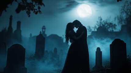 Silhouette of a Couple in Love Under the Moonlight in a Graveyard - Powered by Adobe