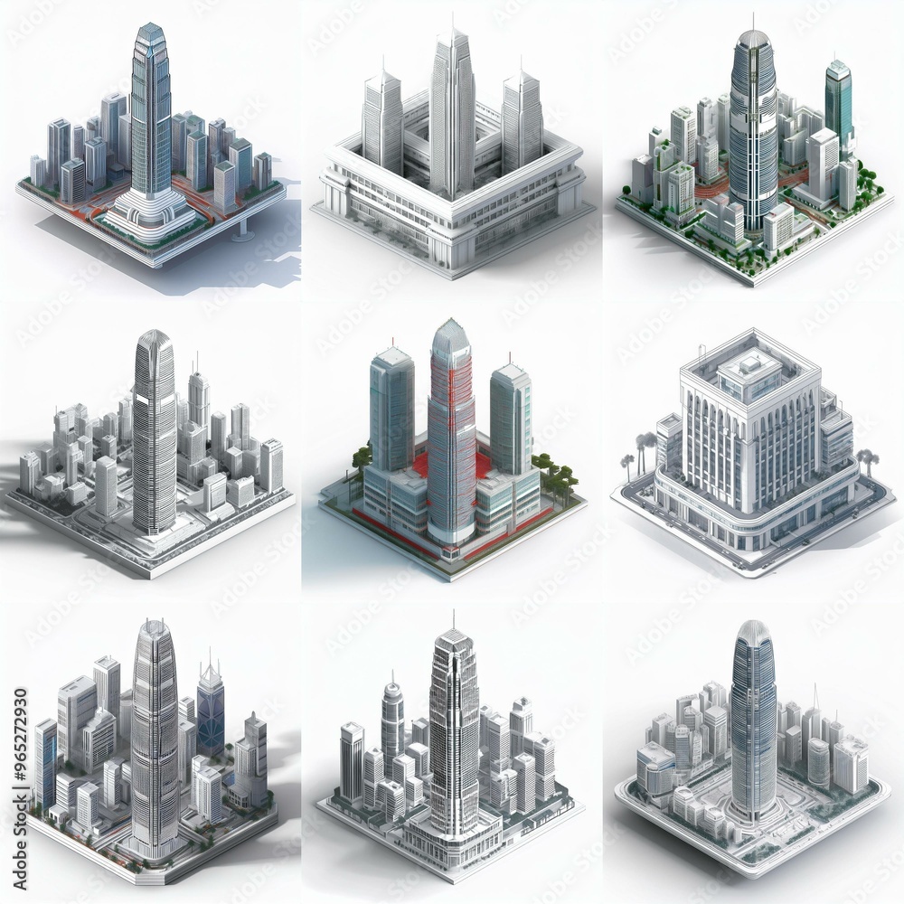 Poster nine 3d isometric illustrations of skyscrapers surrounded by smaller buildings and greenery, viewed 