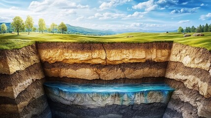 The stratification of soil aquifers and underground water tables is illustrated in a geological cross-section.