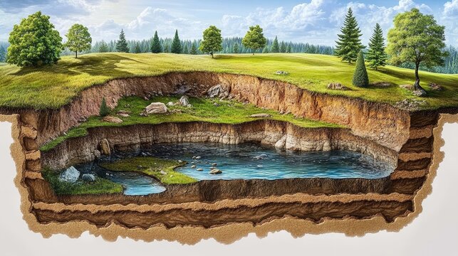 This geological formation features a cross-section revealing distinct layers of moist soil aquifers and underground water tables.