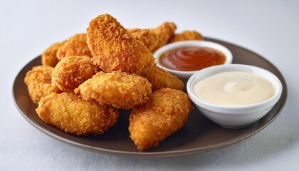 Closeup of crispy fried chicken bites with dipping sauce 