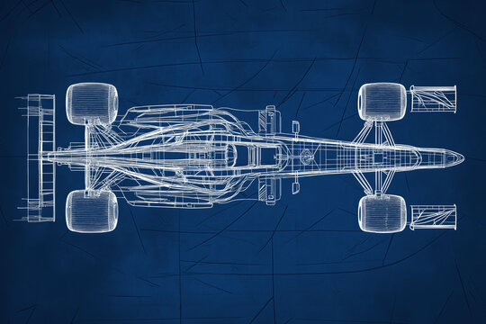 A blue and white drawing of a race car with a blue background