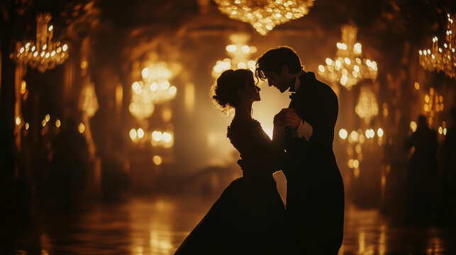 Romantic Silhouette of a Couple Dancing in a Grand Ballroom