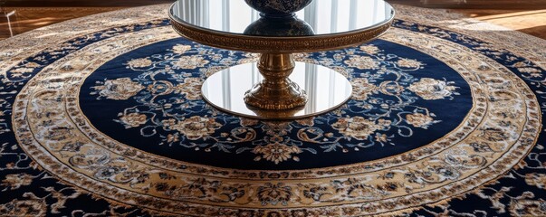 Obraz premium Luxurious Persian rug in deep blues with intricate design featuring a classic table centerpiece on the ornate carpet. Perfect for adding elegance and sophistication to any interior decor setting.