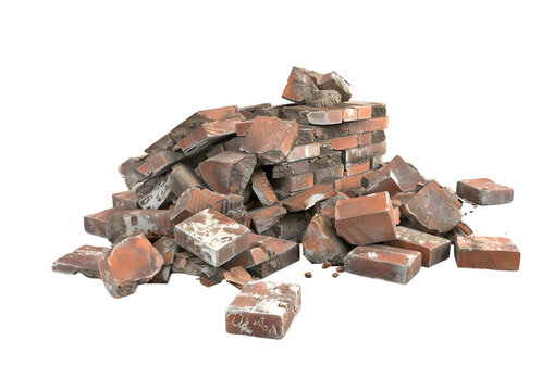 Pile of broken bricks and rubble from a construction site, demolition debris. Isolated on a transparent background