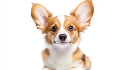 Obraz premium A charming fluffy corgi puppy with short legs and oversized ears rests solitary on a clear white transparent background.