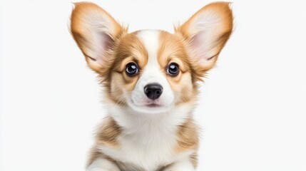 Obraz premium A cute fluffy corgi puppy with short legs and large ears sits by itself against a pristine white transparent backdrop.