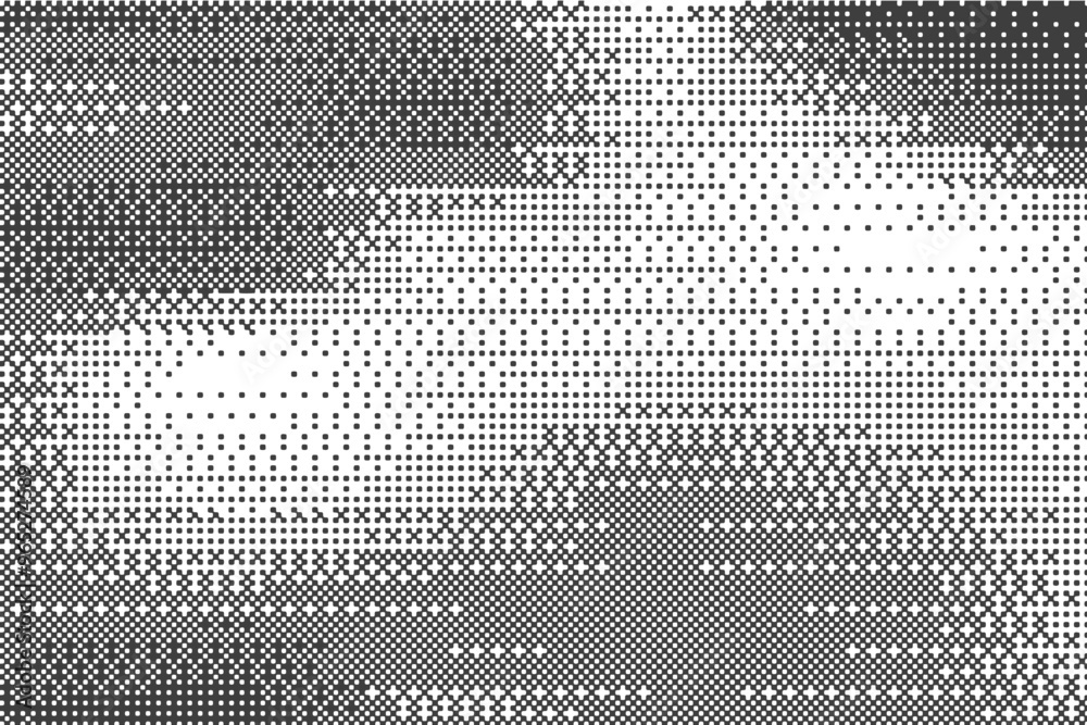 Poster Pixel background with bitmap pattern. Computer arcade game dotted gradation effect. Vector noisy gradient backdrop. Abstract geometric glitch screen on white backdrop
