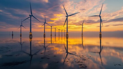 Fototapeta premium Sunset reflecting on wind turbines in shallow coastal waters, calm and golden, a serene image of renewable energy