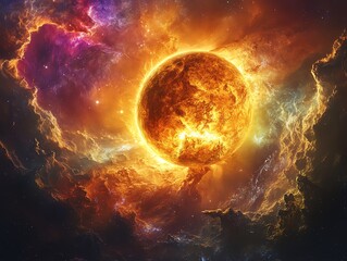 Obraz premium Venus glowing under a bright Sun, with the galaxy s nebulae forming a colorful backdrop Venus Galaxy Sun, cosmic nebula