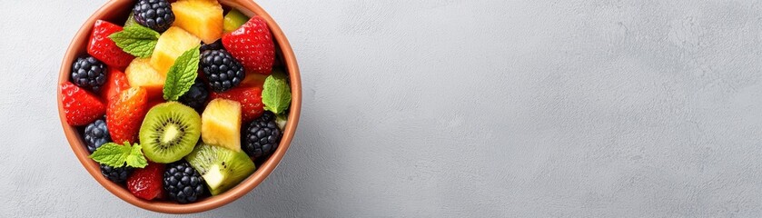 Obraz premium A vibrant bowl of fresh fruit, featuring berries, citrus, and mint, perfect for healthy eating or summer recipes.