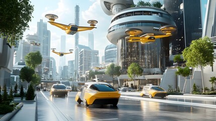 A concept of a futuristic transportation system with electric flying taxis navigating through a smart city
