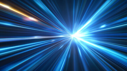 Abstract technology glowing futuristic blue light lines with speed motion blur effect on dark blue background. 