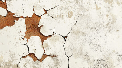 Obraz premium Building wall background Close-up of an old white wall with extensive cracking and peeling paint, revealing the wear and tear over years, symbolizing neglect, deterioration, and aging