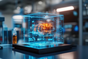 A 3D hologram with transparent layers revealing the internal mechanisms of a machine, projected in a modern tech lab. 