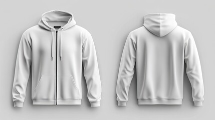 Front and back templates of a zip-up hoodie displayed on an unmarked white canvas.