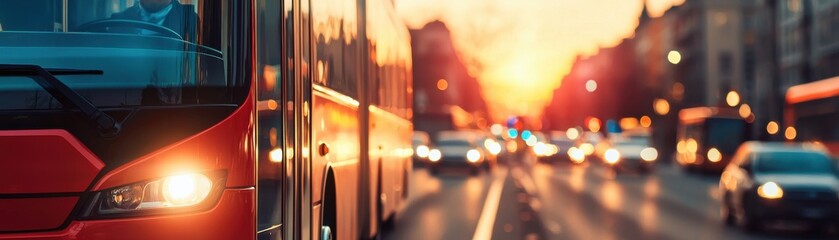 A vibrant city scene featuring a bus on a busy road during sunset, capturing the essence of urban transportation and lifestyle.