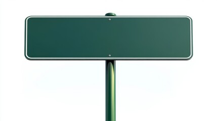 Empty blank green road sign on a sturdy metal pole isolated on white background