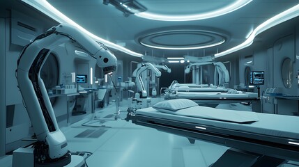 Obraz premium A high-tech medical research facility where AI and robotics are used to develop advanced treatments