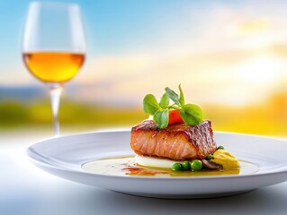 A vibrant plate of seared salmon with fresh greens and a glass of wine at sunset